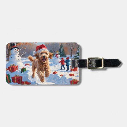 Goldendoodle Rent in Sneeuw met Kerstmuts Bagagelabel (Voorkant horizontaal)