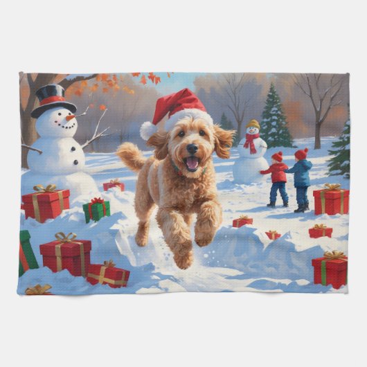 Goldendoodle Rent in Sneeuw met Kerstmuts Theedoek (Horizontaal)