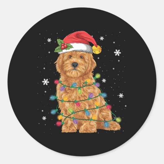 Goldendoodle Santa Fairy Lights Pyjama Ronde Sticker (Voorkant)