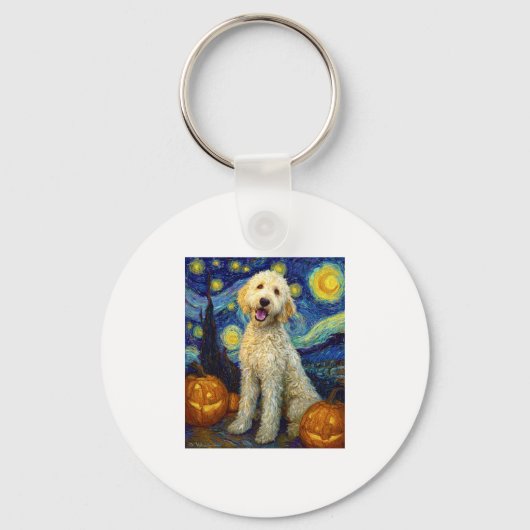 Goldendoodle Schattigee Hond Halloween Jack O Lant Sleutelhanger (Voorkant)