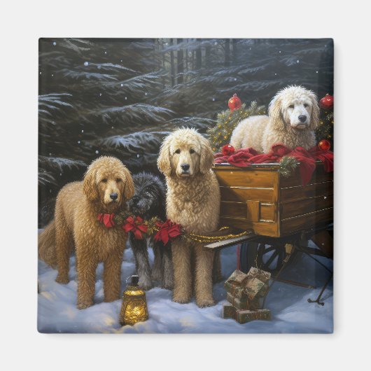 Goldendoodle Sneeuw Slede Kerst Decoratie Magneet (Voorkant)
