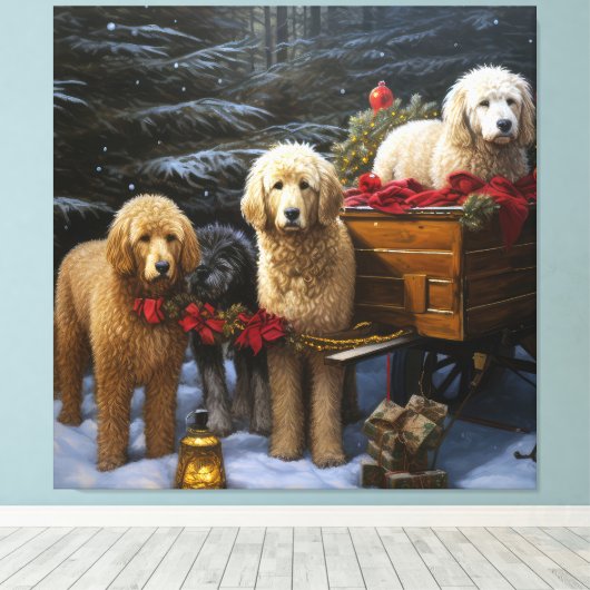 Goldendoodle Snowy Sleigh Kerst Decor Canvas Afdruk (Insitu (Houten vloer))