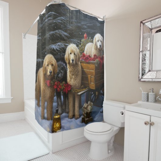 Goldendoodle Snowy Sleigh Kerst Decor Douchegordijn (In situ)