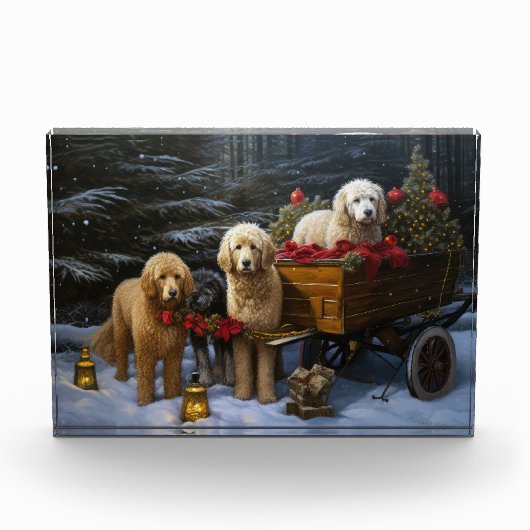 Goldendoodle Snowy Sleigh Kerst Decor Fotoblokken (Voorkant)