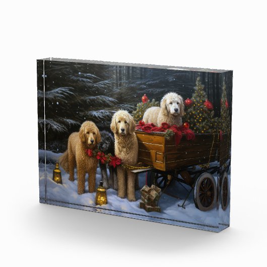 Goldendoodle Snowy Sleigh Kerst Decor Fotoblokken (Rechts)