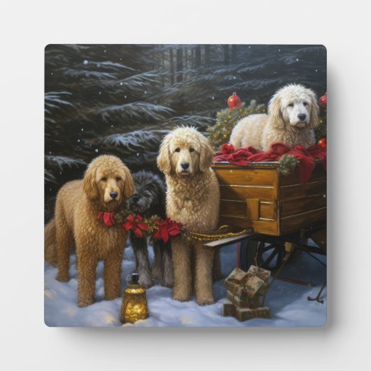 Goldendoodle Snowy Sleigh Kerst Decor Fotoplaat (Voorkant)