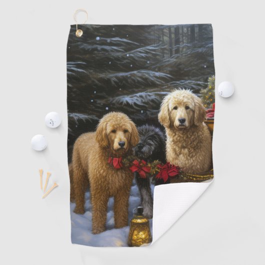 Goldendoodle Snowy Sleigh Kerst Decor Golfhanddoek (Insitu)