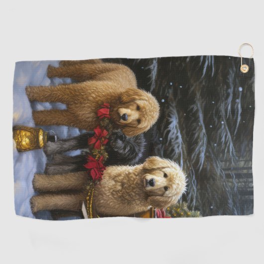 Goldendoodle Snowy Sleigh Kerst Decor Golfhanddoek (Horizontaal)