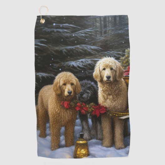Goldendoodle Snowy Sleigh Kerst Decor Golfhanddoek (Voorkant)