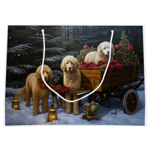 Goldendoodle Snowy Sleigh Kerst Decor Groot Cadeauzakje (Voorkant)