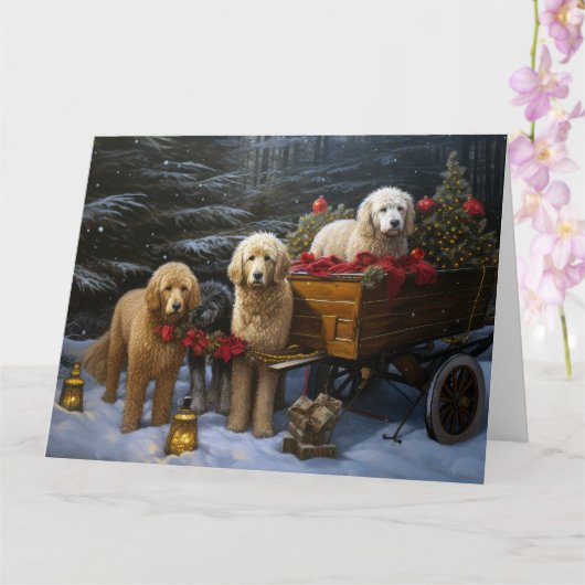 Goldendoodle Snowy Sleigh Kerst Decor Kaart (Orchidee)