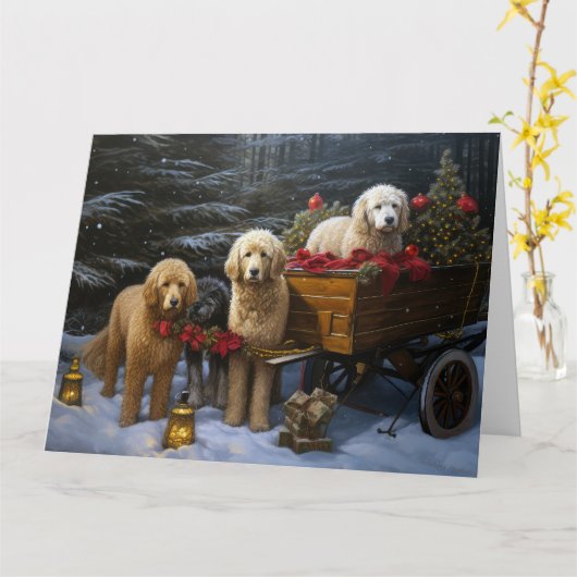 Goldendoodle Snowy Sleigh Kerst Decor Kaart (Gele Bloem)