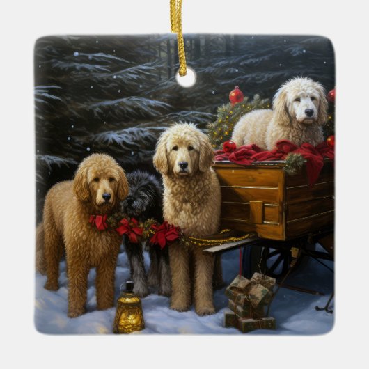 Goldendoodle Snowy Sleigh Kerst Decor Keramisch Ornament (Voorkant)