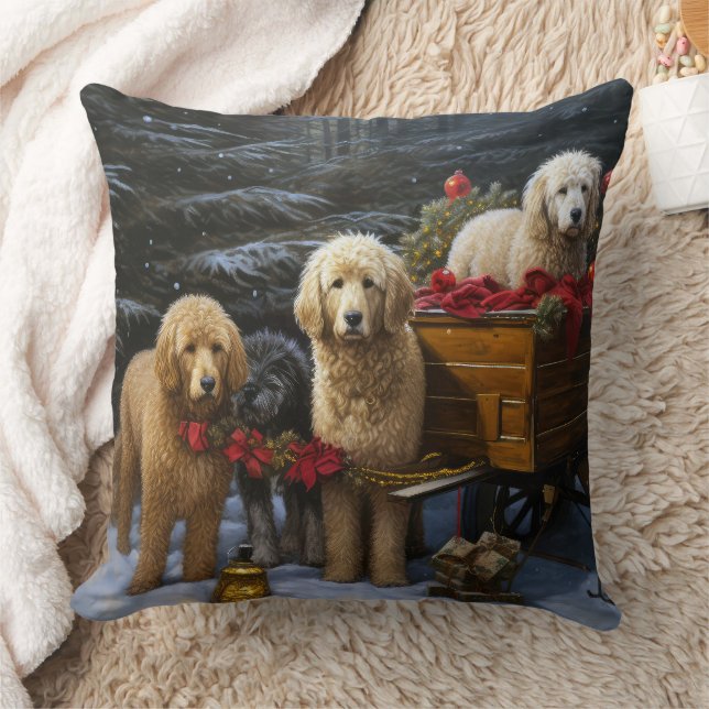 Goldendoodle Snowy Sleigh Kerst Decor Kussen (Deken)