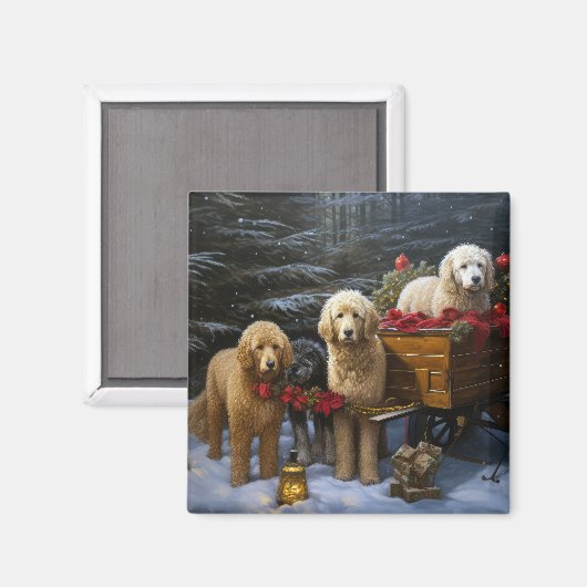 Goldendoodle Snowy Sleigh Kerst Decor Magneet (Voorkant / Achterkant)