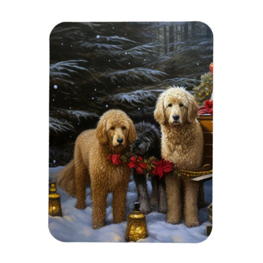 Goldendoodle Snowy Sleigh Kerst Decor Magneet (Verticaal)