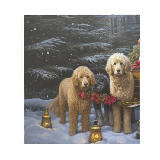 Goldendoodle Snowy Sleigh Kerst Decor Notitieblok (Voorkant)