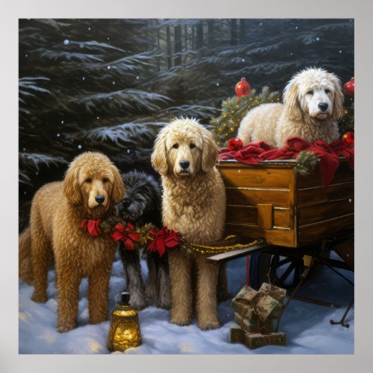 Goldendoodle Snowy Sleigh Kerst Decor Poster (Voorkant)