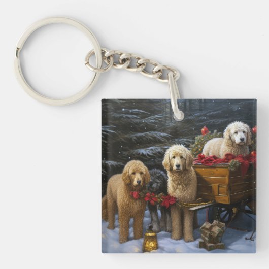 Goldendoodle Snowy Sleigh Kerst Decor Sleutelhanger (Voorkant)