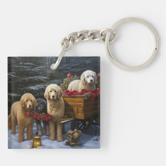 Goldendoodle Snowy Sleigh Kerst Decor Sleutelhanger (Achterkant)
