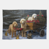 Goldendoodle Snowy Sleigh Kerst Decor Theedoek (Horizontaal)