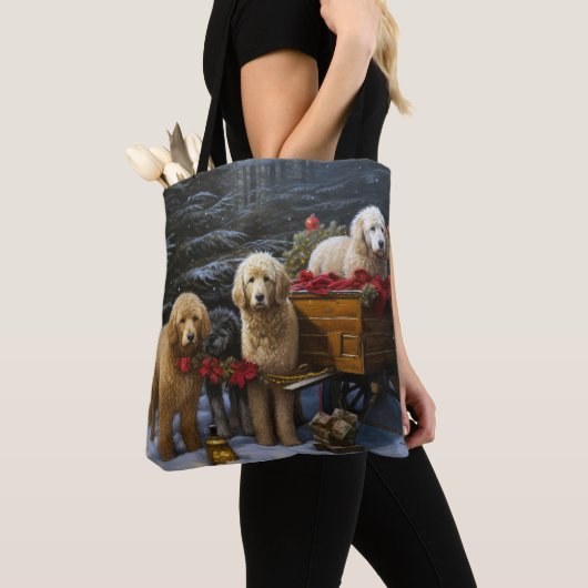 Goldendoodle Snowy Sleigh Kerst Decor Tote Bag (Dichtbij)