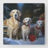 Goldendoodle Snowy Sleigh Kerst Decor Vierkante Klok (Voorkant)