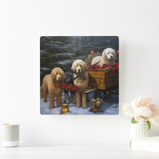 Goldendoodle Snowy Sleigh Kerst Decor Vierkante Klok (Huis)