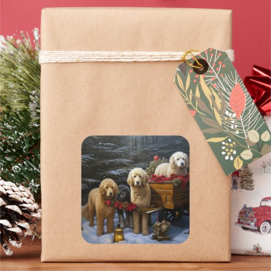 Goldendoodle Snowy Sleigh Kerst Decor Vierkante Sticker (Feestdagen)