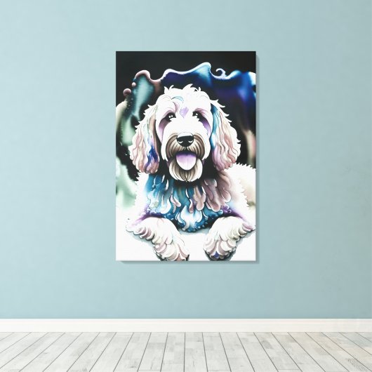 Goldendoodle Soft Pastel Waterverf "Happy Dog" Canvas Afdruk (Insitu (Houten vloer))