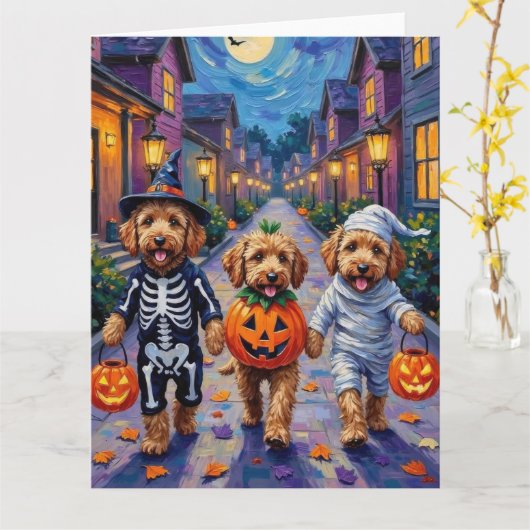 Goldendoodle Trick-or-Treating Halloween kostuums Kaart (Gele Bloem)
