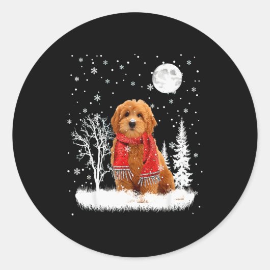 Goldendoodle Under Moonlight Snow Christmas Pajama Ronde Sticker (Voorkant)