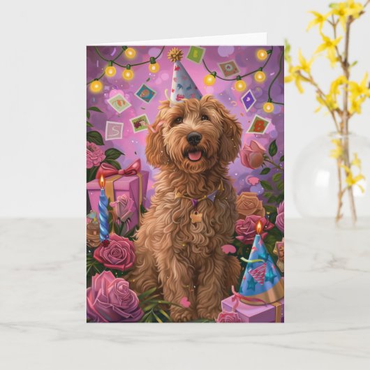 Goldendoodle Verjaardag Kaart (Gele Bloem)