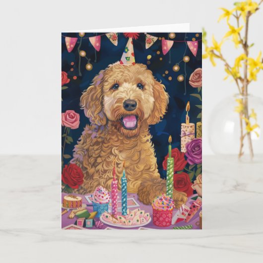 Goldendoodle Verjaardag Kaart (Gele Bloem)