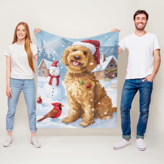 Goldendoodle Winter Wonderland Kerstvreugde Fleece Deken (In situ)