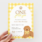 Goldendoodle Yellow Gingham First Birthday Kaart