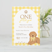 Goldendoodle Yellow Gingham First Birthday Kaart (Staand voorkant)