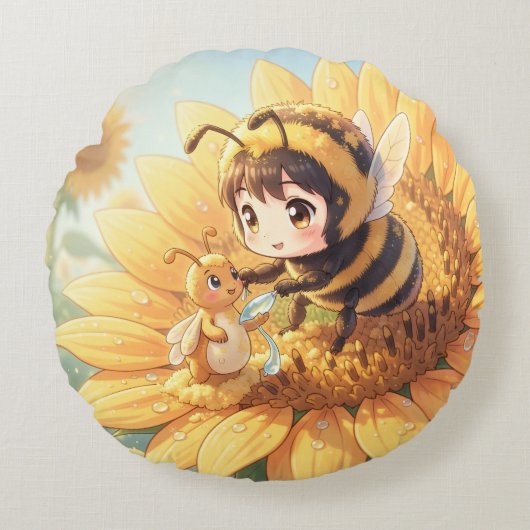 Goldene Hummel im Blütentanz.7 Rond Kussen (Voorkant)