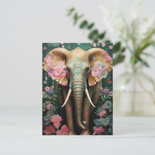 goldener Elefant mit bunten Blumen Briefkaart (Staand voorkant)