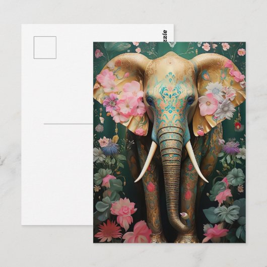 goldener Elefant mit bunten Blumen Briefkaart (Voorkant / Achterkant)