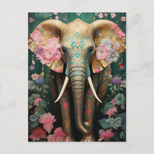 goldener Elefant mit bunten Blumen Briefkaart (Voorkant)