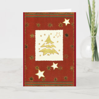 GOLDENER WEIHNACHTSBAUM ABSTRAKT auf Rot-Braun Feestdagen Kaart
