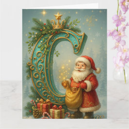 Goldenes Initial C mit Weihnachtsmann und Krone Kaart