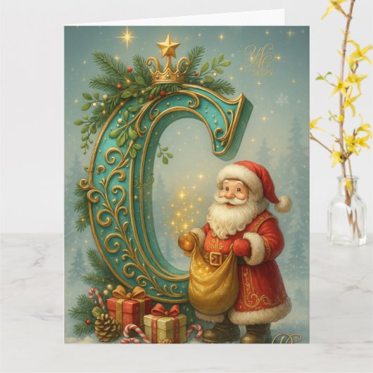 Goldenes Initial C mit Weihnachtsmann und Krone Kaart (Gele Bloem)