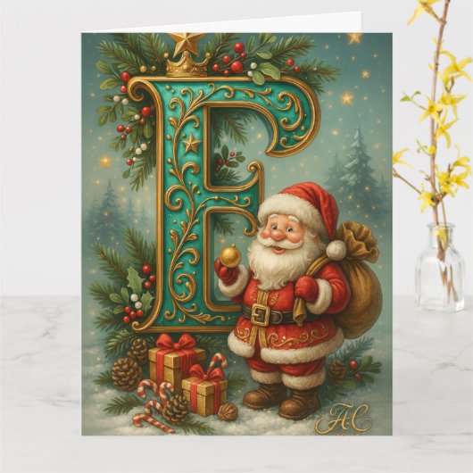 Goldenes Initial E mit Weihnachtsmann und Krone Kaart (Gele Bloem)