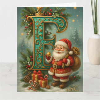 Goldenes Initial E mit Weihnachtsmann und Krone Kaart