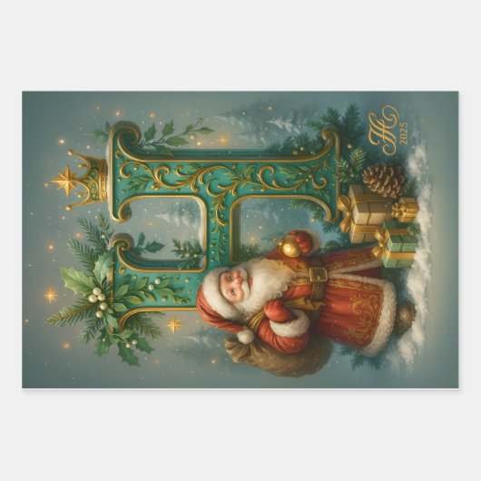 Goldenes Initial H mit Weihnachtsmann und Krone Inpakpapier Vel (Voorkant 3)