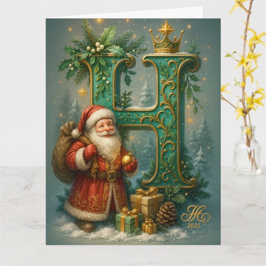 Goldenes Initial H mit Weihnachtsmann und Krone Kaart (Gele Bloem)