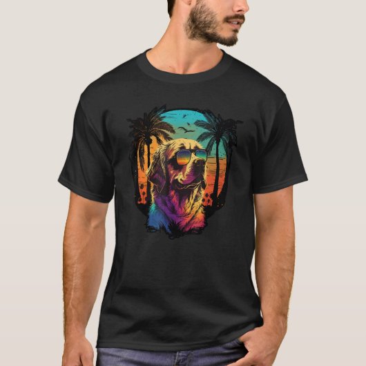Goldenretriever Sunset with Palmtrees Beach Summer T-shirt (Voorkant)