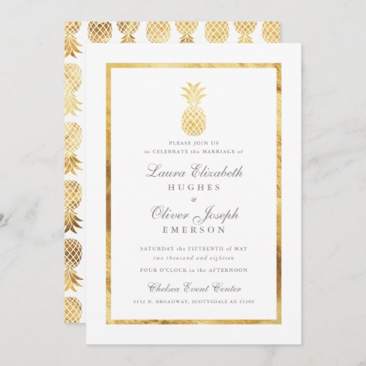 GoldenTropische anananas Gold Wedding Invitations Kaart (Voorkant / Achterkant)